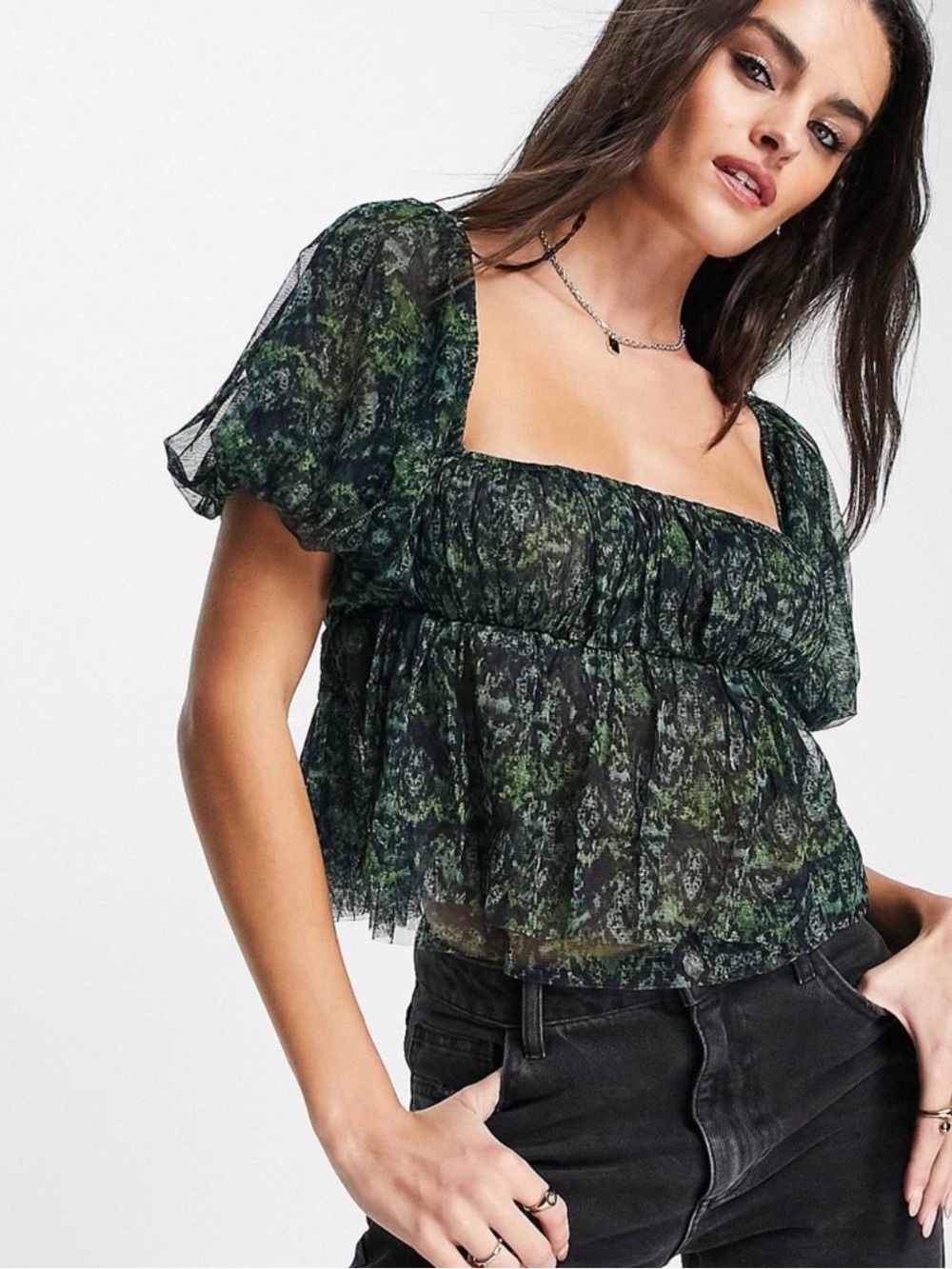 Free People Penelope Sheer Dark Green Puff Sleeve Crop Top